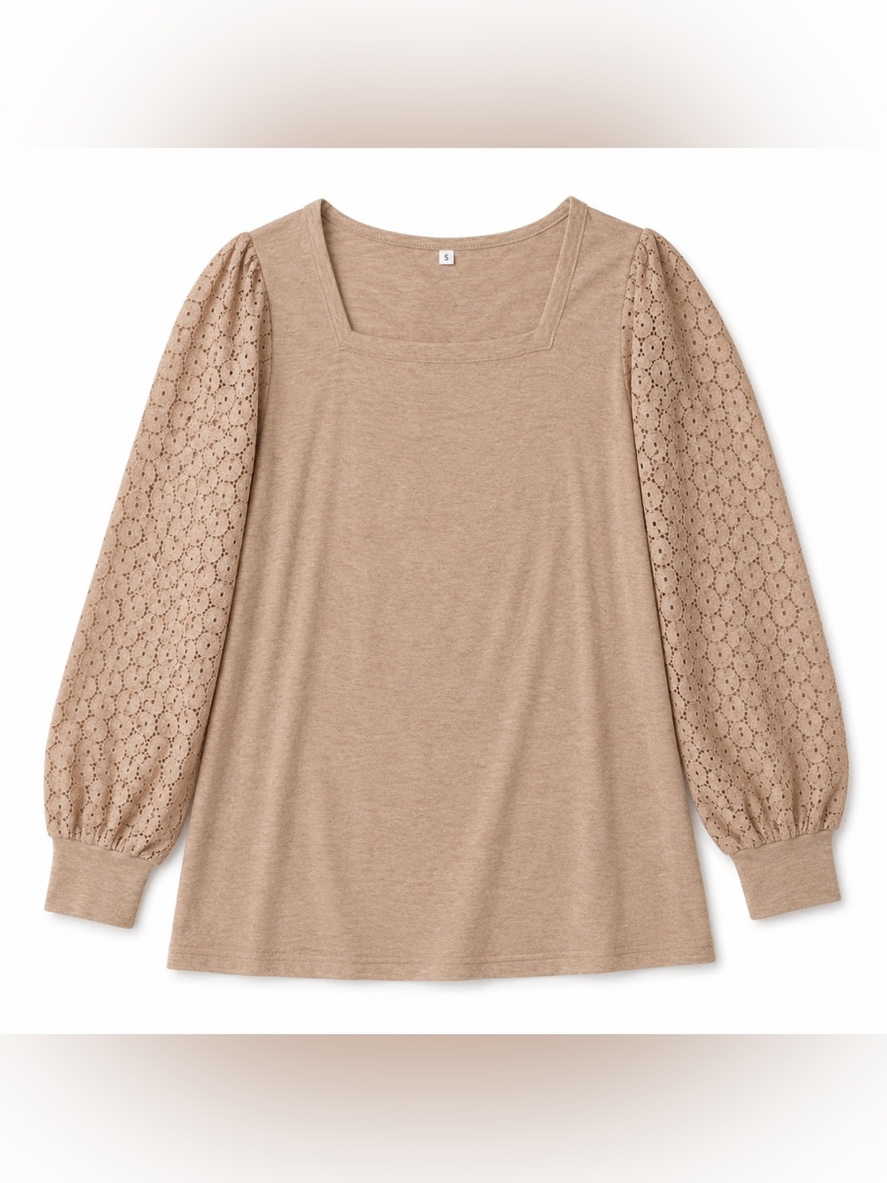 Jescakoo Women’s Small Beige Lace Sleeve Top Square Neck Puff Sleeve Blouse